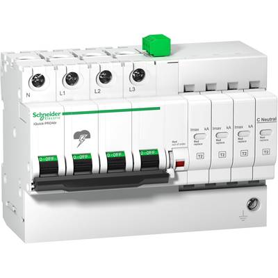 Ein Schutzschalter von Schneider Electric, Modell 'iQuick PRD40r', mit vier Schaltern und einem grünen Knopf oben zur Steuerung.