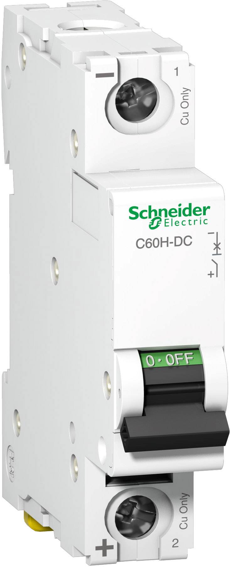 'Schneider Electric C60H-DC' Sicherungsautomat mit grünem 'ON/OFF' Schalter, geeignet für DC Anwendungen, zeigt '+' und '-' Pole.