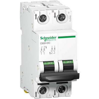 Ein zweipoliger Leistungsschalter von Schneider Electric, Modell C60H-DC, mit grünen 'ON-OFF'-Kennzeichnungen auf den Schaltern.
