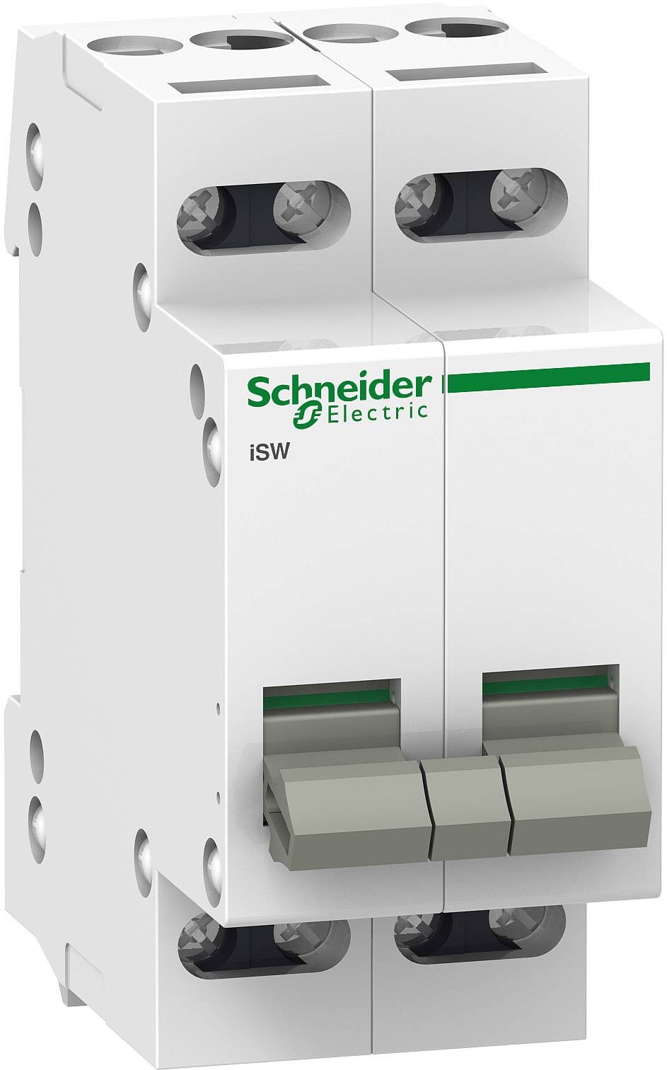 Ein zweipoliger Leistungsschalter von Schneider Electric. Montierbar in Stromverteilungsanlagen, bietet Schutzfunktionen für elektrische Systeme.
