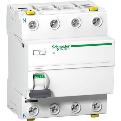 Ein weißer elektrischer Schutzschalter von Schneider Electric mit blauem 'N'-Symbol, Schalter in der Position 'O' (Aus).