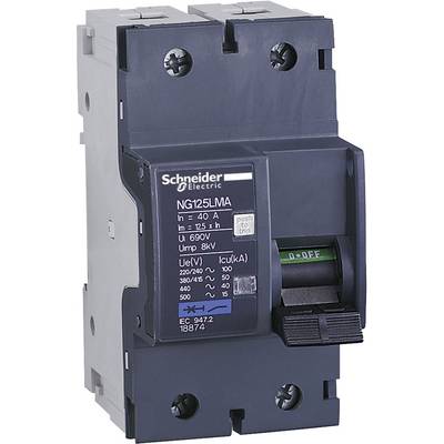 Leistungsschalter von Schneider Electric, Modell 'NG125LMA', 40 A, 690 V, Umschaltfunktion mit grünem Schalterhebel auf '0-0FF'.