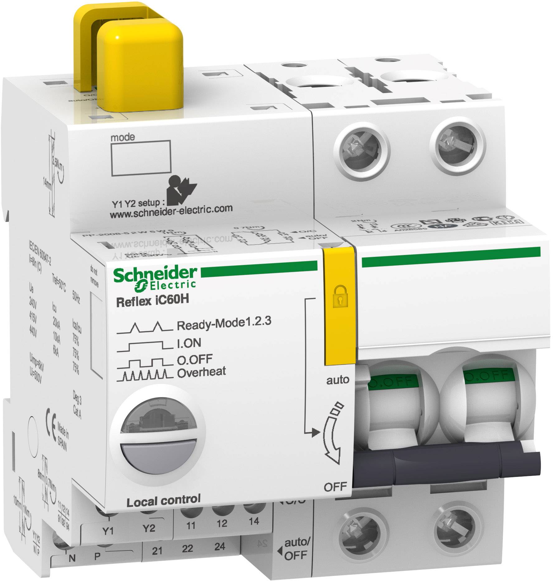 Ein Reflex iC60H-Schutzschalter von Schneider Electric, zeigt Schalterstellungen und LED-Anzeige zur Betriebsbereitschaft.