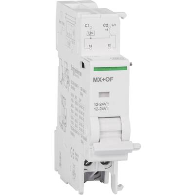 Ein elektrisches Modul von Schneider Electric mit der Aufschrift 'MX+OF' und Angaben zu Spannung '12-24V'. Einbaufähig in Schalttafeln.