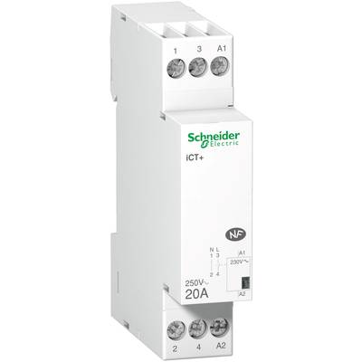 'Schneider Electric iCT+' Stromschütz, 250V, 20A. Weißes, quaderförmiges Gerät mit vier Anschlüssen. Für elektrische Installationen.