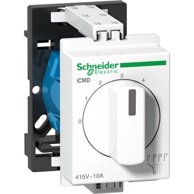 Ein weißer Schalter mit einem großen Drehknopf und grünem Logo von Schneider Electric, beschriftet mit '415V ~ 10A', zeigt verschiedene Einstellungen von 0 bis 7.