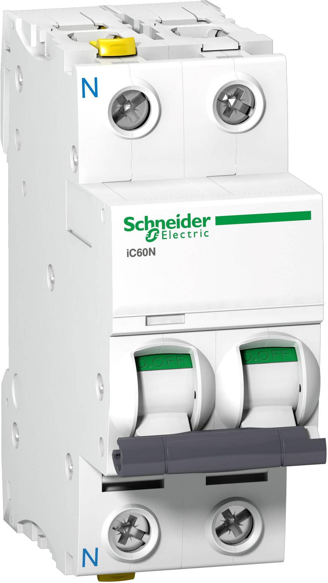 'Schneider Electric iC60N', zweipoliger Sicherungsautomat, weißes Gehäuse, zwei Kippschalter, gelbes und blaues Markierungselement.