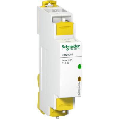 'Schneider Electric iEM2000T' Stromzähler, maximale Stromstärke 40A, Genauigkeitsklasse 1. Weiße Hülle mit gelben Elementen und grüner LED-Anzeige.