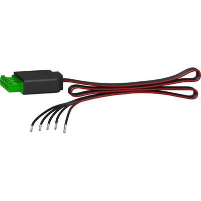 Ein schwarzes Kabel mit grünem Stecker und mehreren schwarzen und roten Drähten mit silbernen Enden.