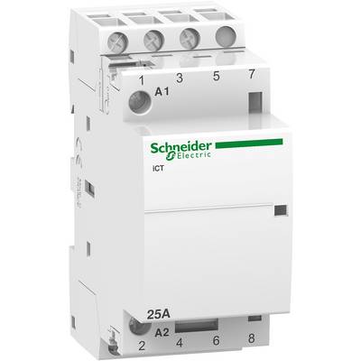Ein weißer Leistungsschalter von Schneider Electric mit grüner Aufschrift 'iCT', zeigt technische Anschlüsse und ist für 25A ausgelegt.