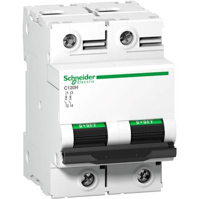 Ein weißer Leistungsschalter von Schneider Electric mit grünem Logo, zwei Kippschaltern und technischer Beschriftung auf der Vorderseite.