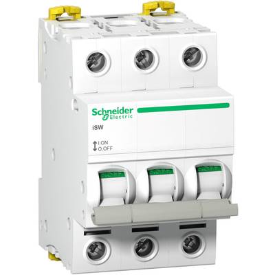 'Dreipoliger Schutzschalter von Schneider Electric, Modell iSW, zeigt Schaltstellungen I und O. Weißes Gehäuse mit grünen Beschriftungen.'