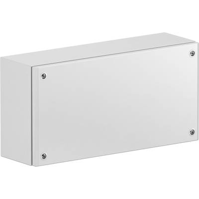 Rechteckiger, weißer, metallener Kasten mit abgerundeten Ecken und vier Schrauben in den Ecken der Frontplatte.