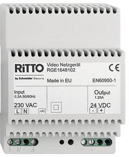 'Ritto Video Netzgerät RGE1648102' mit Eingangsangaben '230 VAC, 0,3A', Ausgang '24 VDC, 1,25A'. Produkt von Schneider Electric.