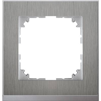 Ein quadratischer Steckdosenrahmen aus gebürstetem Metall, zentraler Ausschnitt für Einsatz, modernes und schlichtes Design.