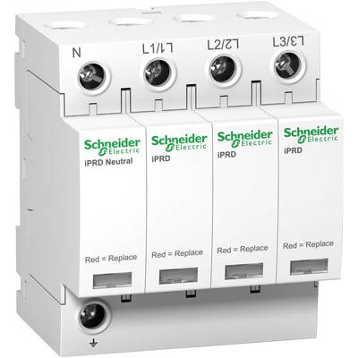 'Schneider Electric' Überspannungsschutzgerät mit vier Modulen für Phasen N, L1/L1', L2/L2', L3/L3'. Hinweis: 'Rot = Ersetzen'.