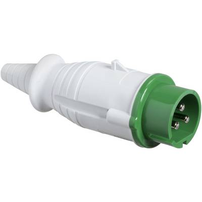 Ein weißer und grüner elektrischer Stecker mit drei Pins, häufig für industrielle Anwendungen verwendet.