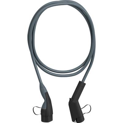 Ein langes, graues Kabel mit schwarzen Steckverbindern an beiden Enden, geeignet für das Laden von Elektrofahrzeugen.