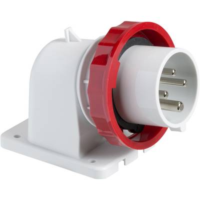Weiße, abgewinkelte Elektrosteckdose mit rotem Ring und fünf Metallstiften, verwendet für industrielle Stromverbindungen.