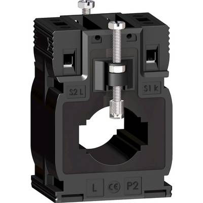Ein schwarzer Stromwandler mit Schraubverbindungen, markiert mit 'S1', 'S2', 'P2', 'L'. Verwendet zur Strommessung in elektrischen Anlagen.