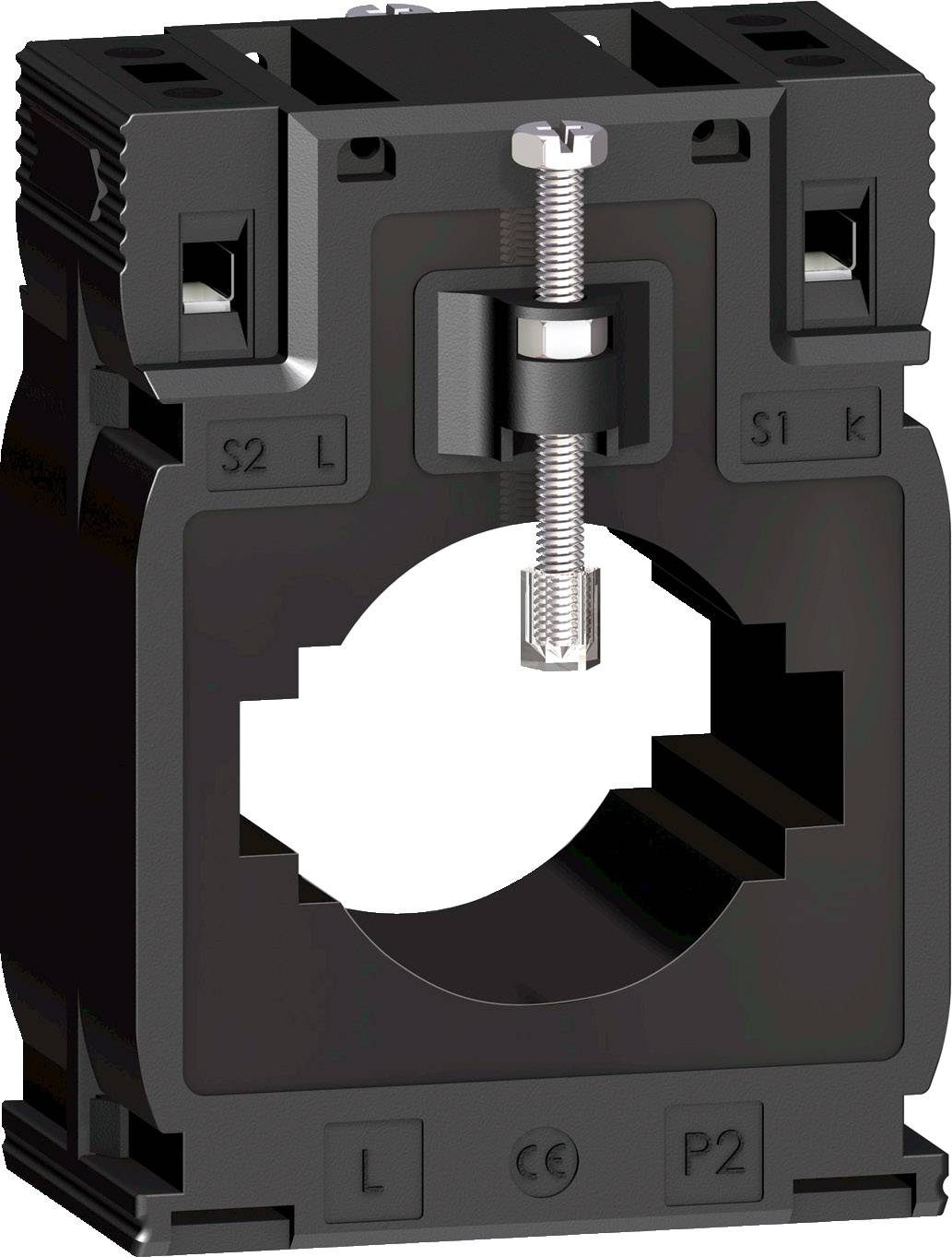Ein schwarzer Stromwandler mit rundem Loch in der Mitte und sichtbaren Schrauben oben, verwendet für elektrische Anwendungen.