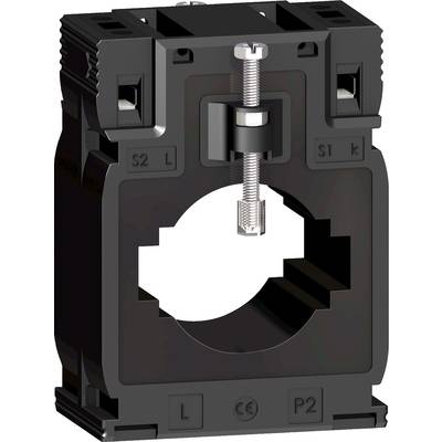 Ein schwarzer Stromwandler mit rundem Loch in der Mitte und sichtbaren Schrauben oben, verwendet für elektrische Anwendungen.