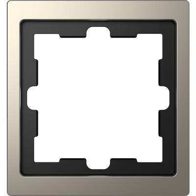 Quadratischer, metallischer Rahmen mit abgerundeten Ecken und einem Ausschnitt in der Mitte, geeignet für Steckdosen oder Schalter.