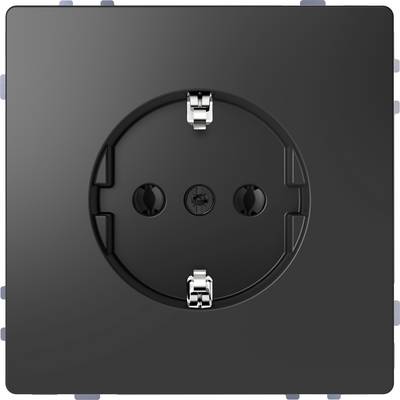 Eine schwarze Steckdose in Nahaufnahme, quadratische Form, ohne sichtbare Kabel oder Logos.