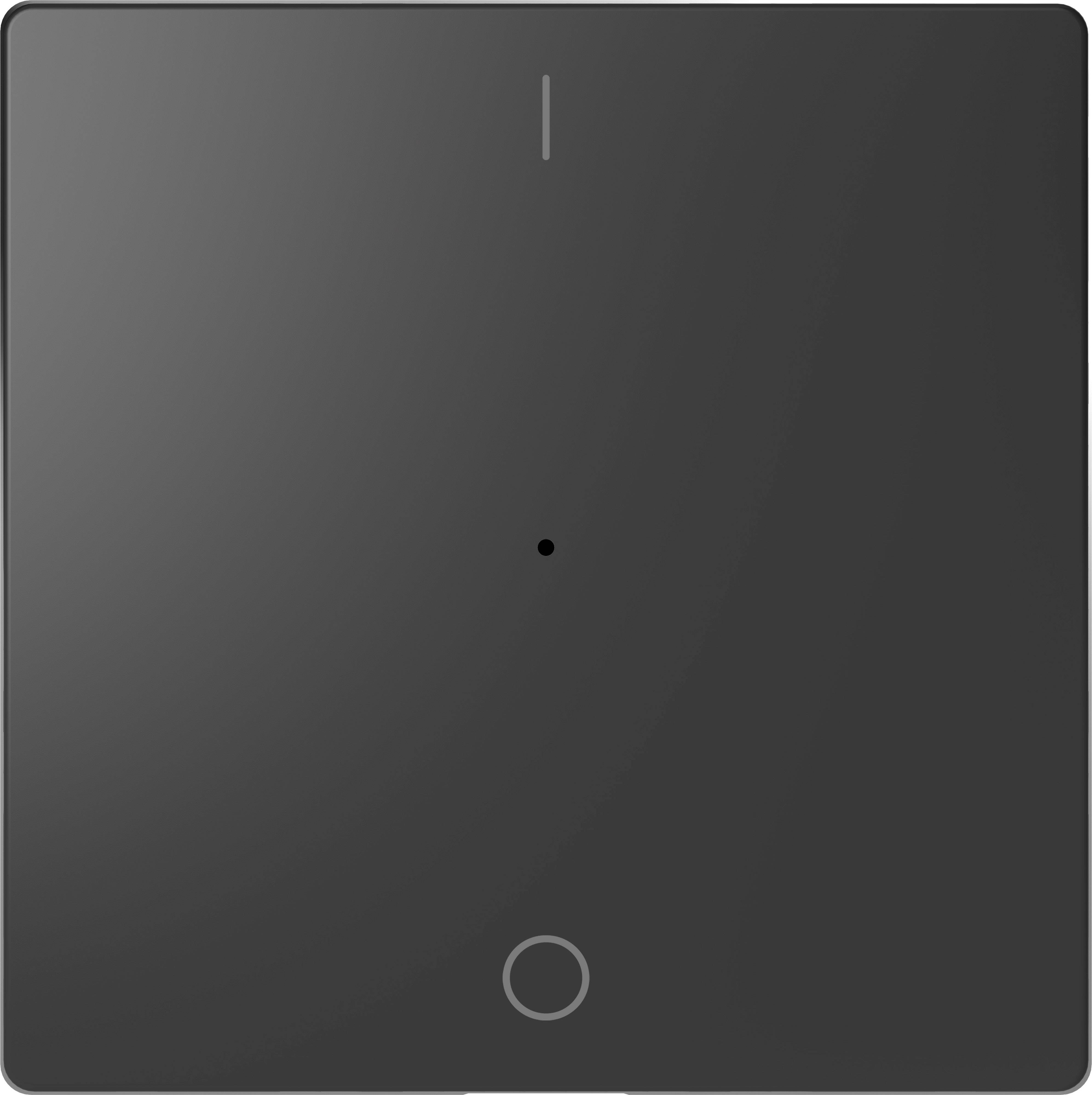 Schwarzer Lichtschalter mit horizontalem Strich oben, kleinem Punkt in der Mitte und einem Ring unten. Modernes, minimalistisches Design.