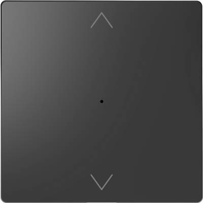 Ein schwarzer, quadratischer Schalter mit zwei Pfeilen, die nach oben und unten zeigen, für die Steuerung von elektronischen Geräten.