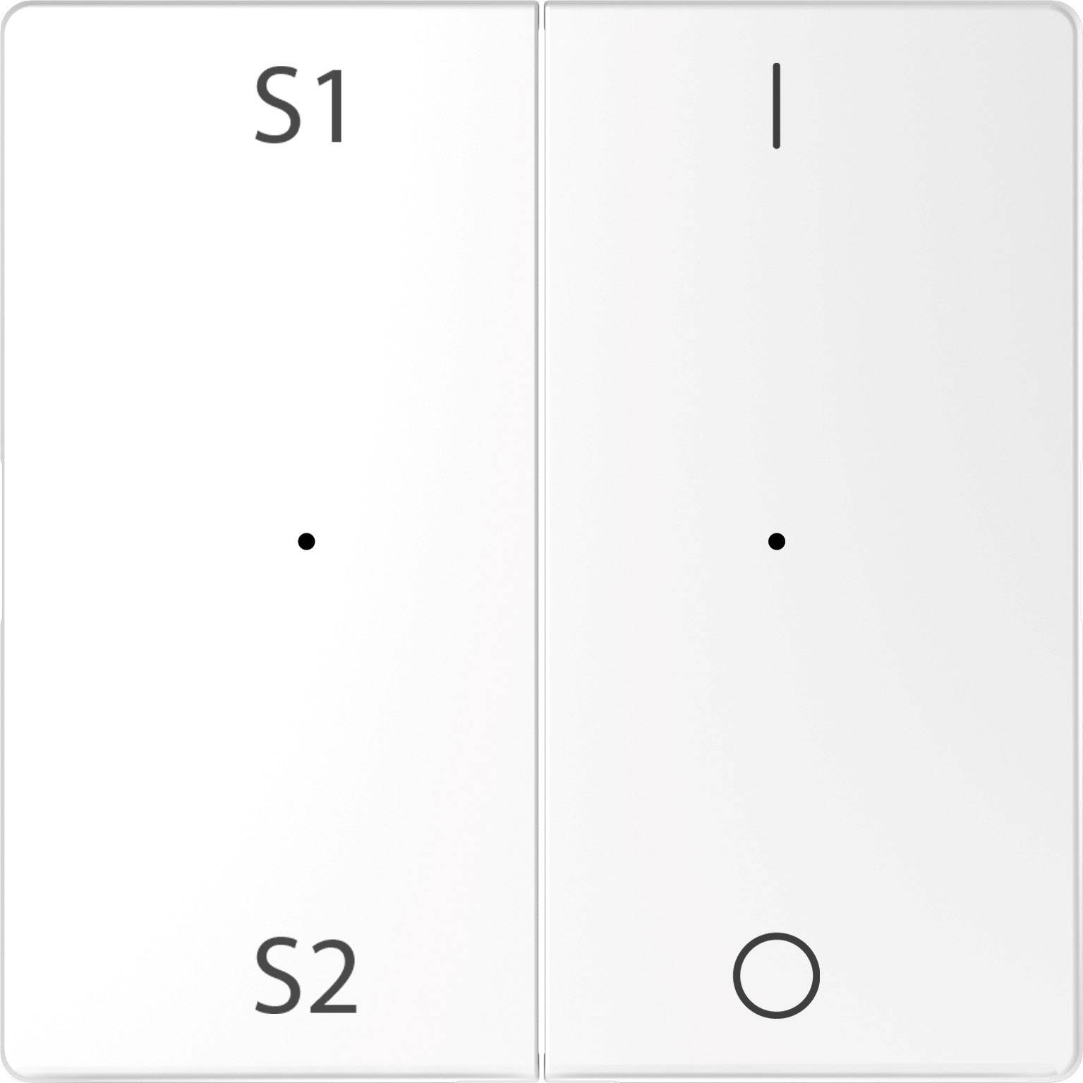 Ein weißer, zweifacher Schalter mit der Beschriftung 'S1 S2' links und einem kleinen Punkt rechts oben und einem Kreis rechts unten.
