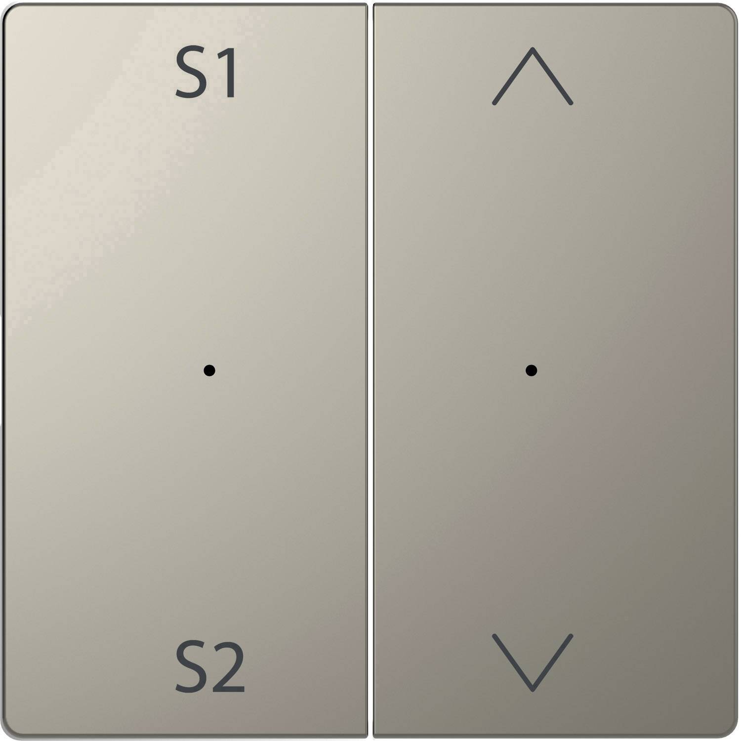 Zwei Lichtschalter mit Aufschriften 'S1' und 'S2' links, und Auf-Ab-Pfeilen rechts zur Steuerung von Beleuchtung oder Jalousien.