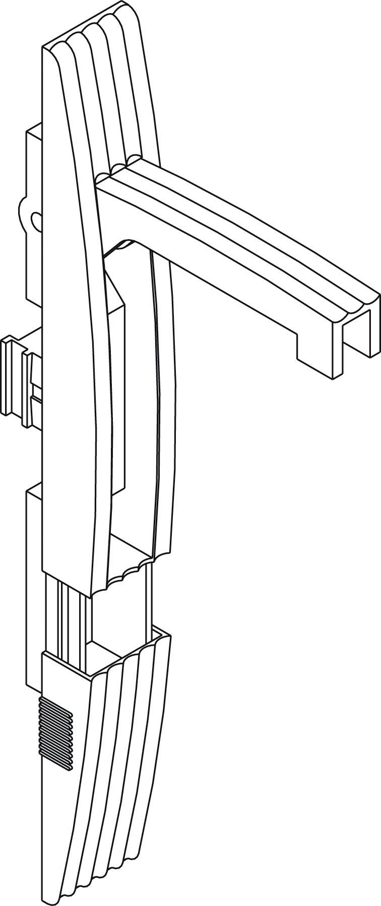 Technische Zeichnung eines Fenstergriffs mit Schnappmechanismus, Hebel nach rechts gerichtet, Details ohne Beschriftung.