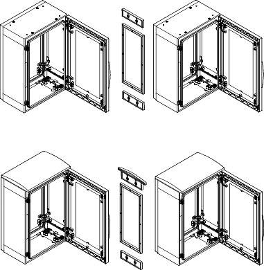 Vier technische Zeichnungen eines Schranksystems jeweils mit Tür und Scharnieren dargestellt, zeigen verschiedene Ansichten und Details der Konstruktion.