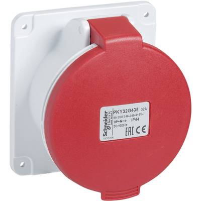 Rote Industrie-Steckdose mit Schutzkappe, montiert auf rechteckiger Platte. Marke Schneider Electric, geeignet für 32A, IP44.
