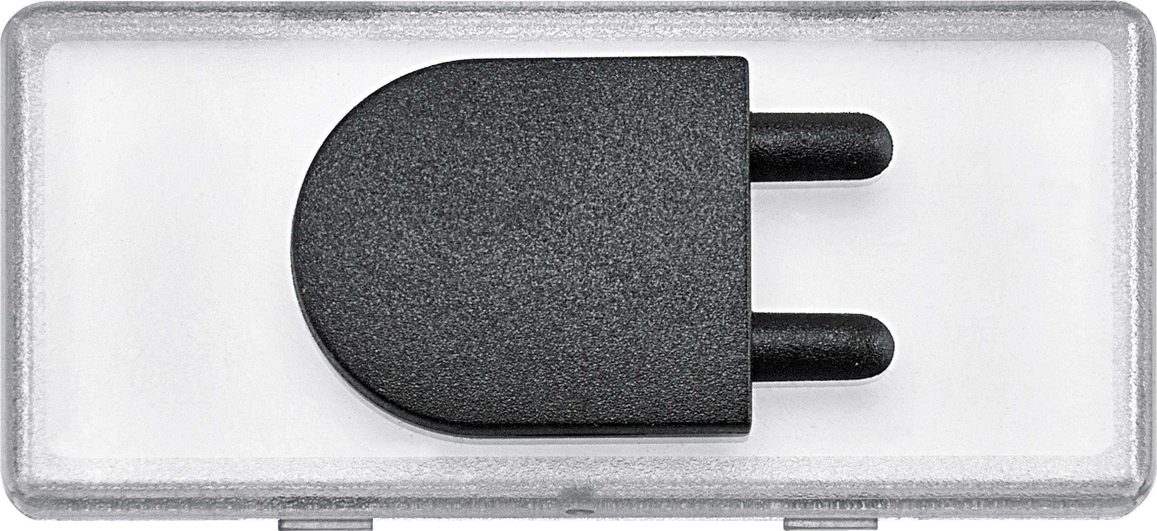 Schwarzer, flacher elektrotechnischer Stecker mit zwei runden Pins, oben in einer transparenten Kunststoffhalterung fixiert.