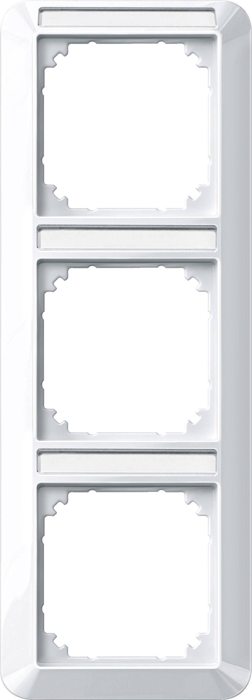 Ein dreiteiliger weißer Rahmen für Lichtschalter oder Steckdosen, rechteckig mit abgerundeten Ecken.