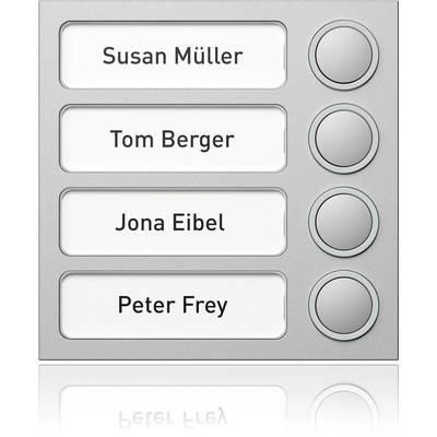 Klingelbrett mit vier Namen: 'Susan Müller', 'Tom Berger', 'Jona Eibel', 'Peter Frey', jeweils mit einem dazugehörigen Knopf.