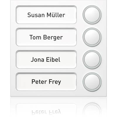 'Türklingel mit vier Namen: Susan Müller, Tom Berger, Jona Eibel, Peter Frey. Jeder Name hat einen zugeordneten Klingelknopf.'