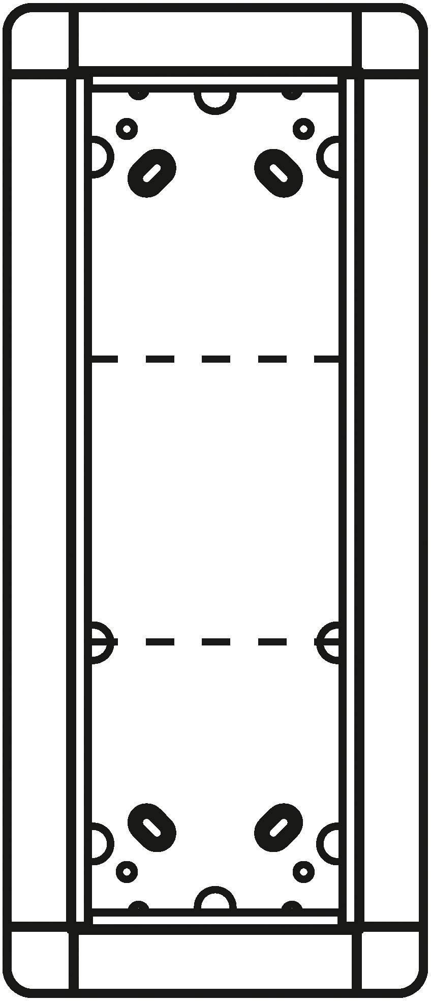 Skizze eines rechteckigen, zweigeteilten Objekts, das oben und unten mit geometrischen Mustern verziert ist. Linien trennen Abschnitte.