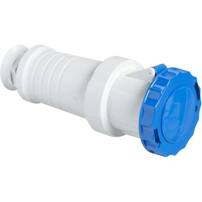 Industrieller, weißer und blauer Stecker. Hauptmerkmal ist ein blauer, geriffelter Deckel. Verwendet in elektrischen Anwendungen.