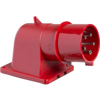 Roter, gewinkelter CEE-Stecker mit fünf runden Metallstiften, montiert auf rechteckiger Basis.