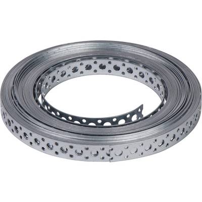 Eine Rolle perforiertes Metallband, grau und spiralförmig aufgerollt, mit regelmäßigen runden Löchern entlang der gesamten Länge.