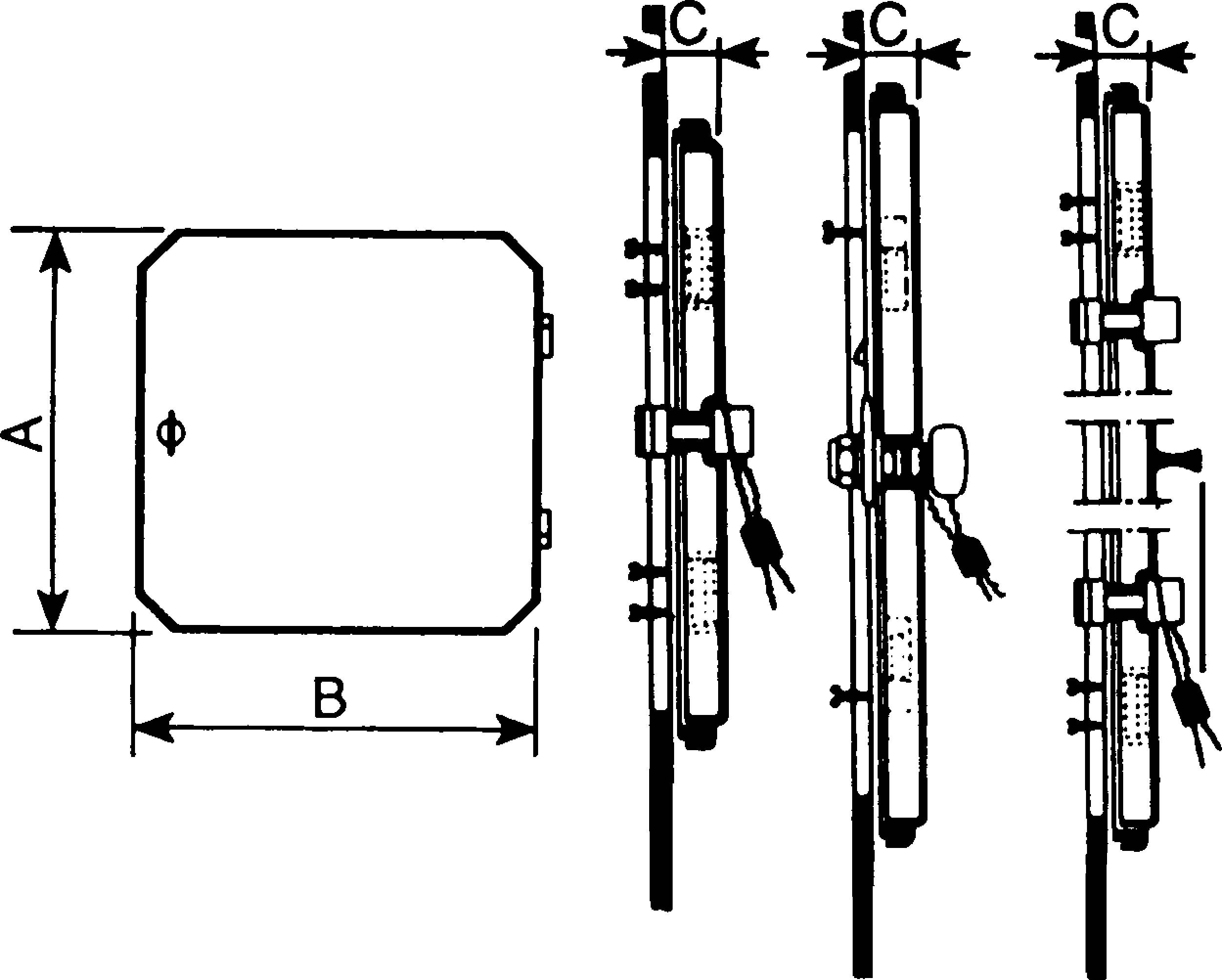 Technische Zeichnung eines Barometers. Links eine Draufsicht, rechts Querschnitte mit Beschriftungen 'A', 'B' und 'C'.