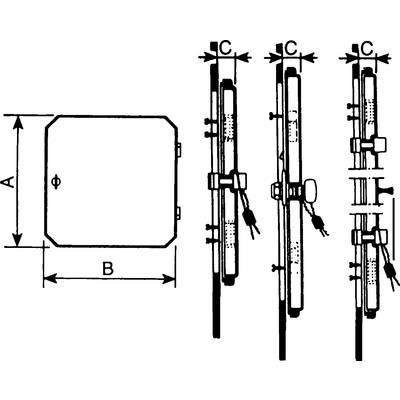 Technische Zeichnung eines Barometers. Links eine Draufsicht, rechts Querschnitte mit Beschriftungen 'A', 'B' und 'C'.