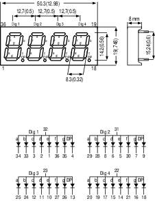 Technische Zeichnung eines elektronischen Displays mit maßen und vier Schaltplänen. Zeigt digitale Anzeige-Komponenten und Verbindungen.