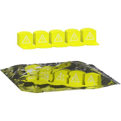 Gelbe Kunststoffteile mit Blitzsymbol drauf, stehen für elektrischen Schutz. Einige Teile stehen aufrecht, andere liegen in Verpackung.