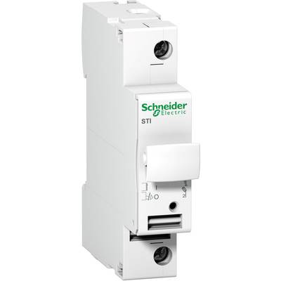 Ein weißer Leistungsschalter von Schneider Electric mit der Aufschrift 'STI', zeigt Schalthebel und Anschlussklemmen.