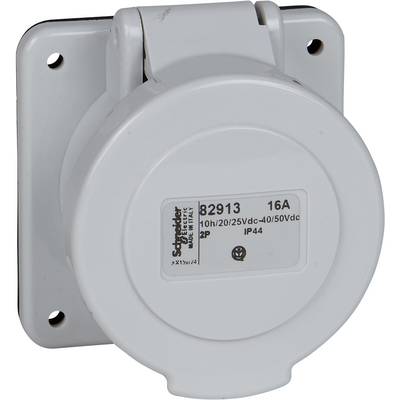 Weiße runde Steckdose mit Klappdeckel, 16A Nennstrom von Schneider Electric, Modell 82913, geeignet für Innen- und Außeneinsatz (IP44).
