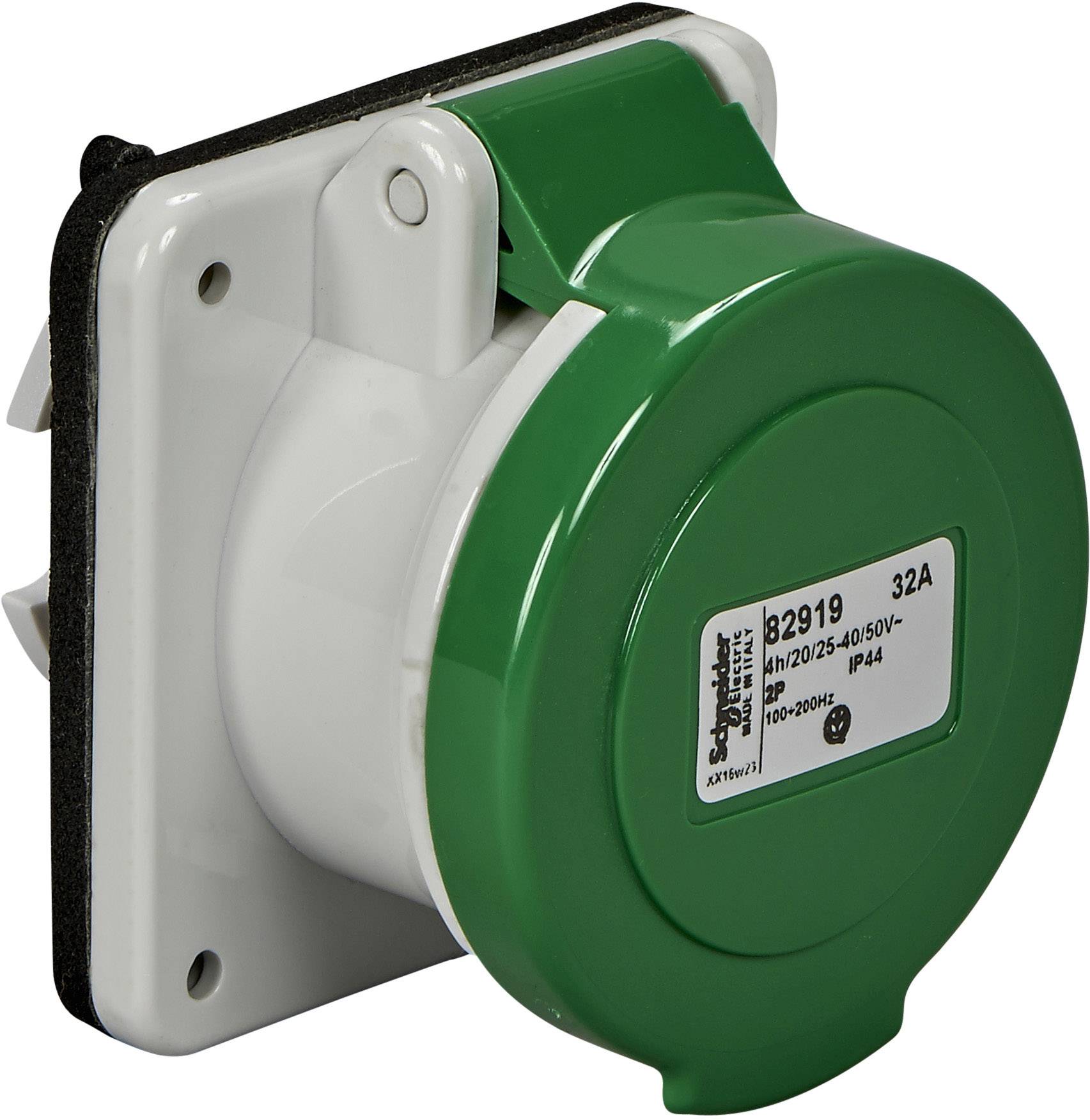 Grüne Industriesteckdose mit 32 A, geeignet für Spannungen von 100-250 Volt.